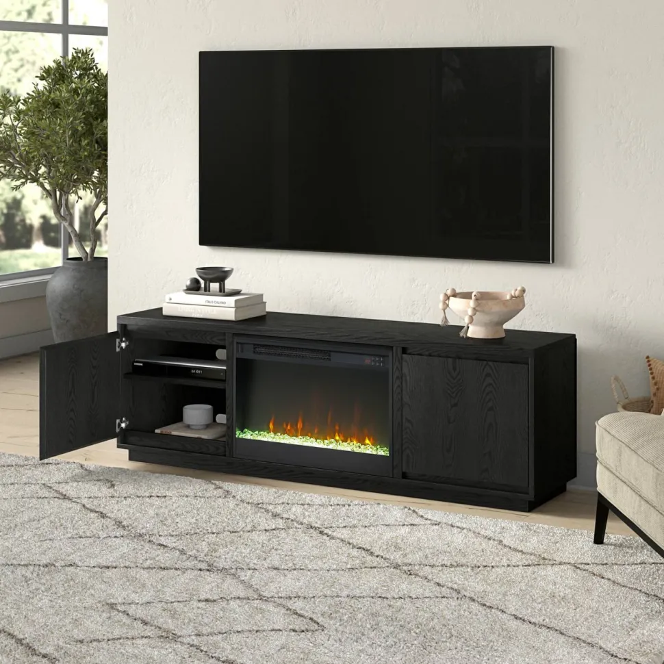 Presque Rectangular TV Stand with 26" Crystal Fireplace for TV's up to 75" in Black Grain