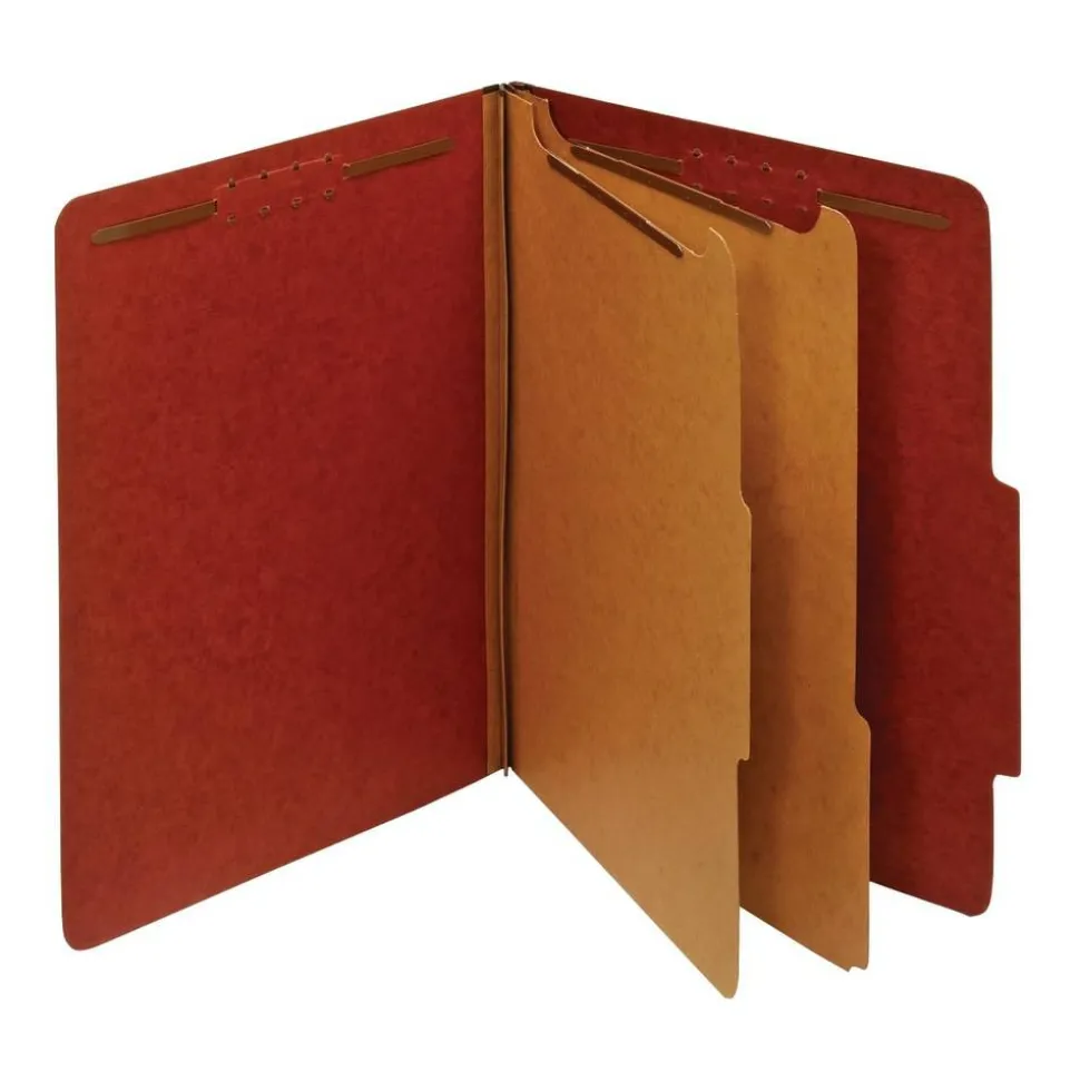 Pressboard Classification Folders With Fasteners, 2 Dividers, Letter Size (8-1/2" x 11"), 2" Expansion, 100% Recycled, Red, Box Of 10