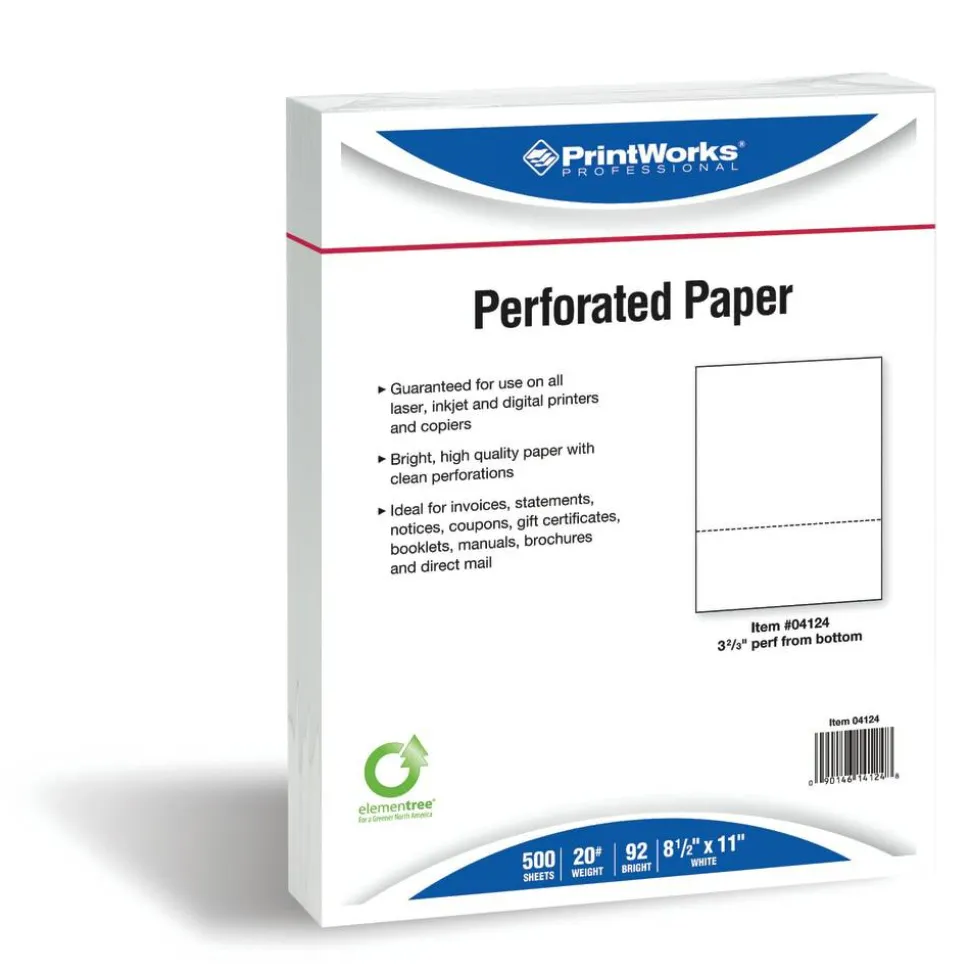 PrintWorks Professional Pre-Perforated Paper, 1 Ream, White, Letter (8 1/2" x 11"), 20 Lb, 3-2/3, Ream Of 500 Sheets