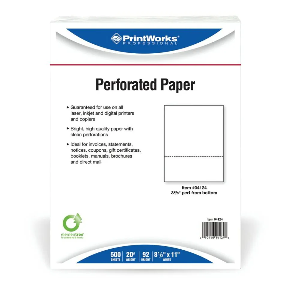 PrintWorks Professional Pre-Perforated Paper, 1 Ream, White, Letter (8 1/2" x 11"), 20 Lb, 3-2/3, Ream Of 500 Sheets