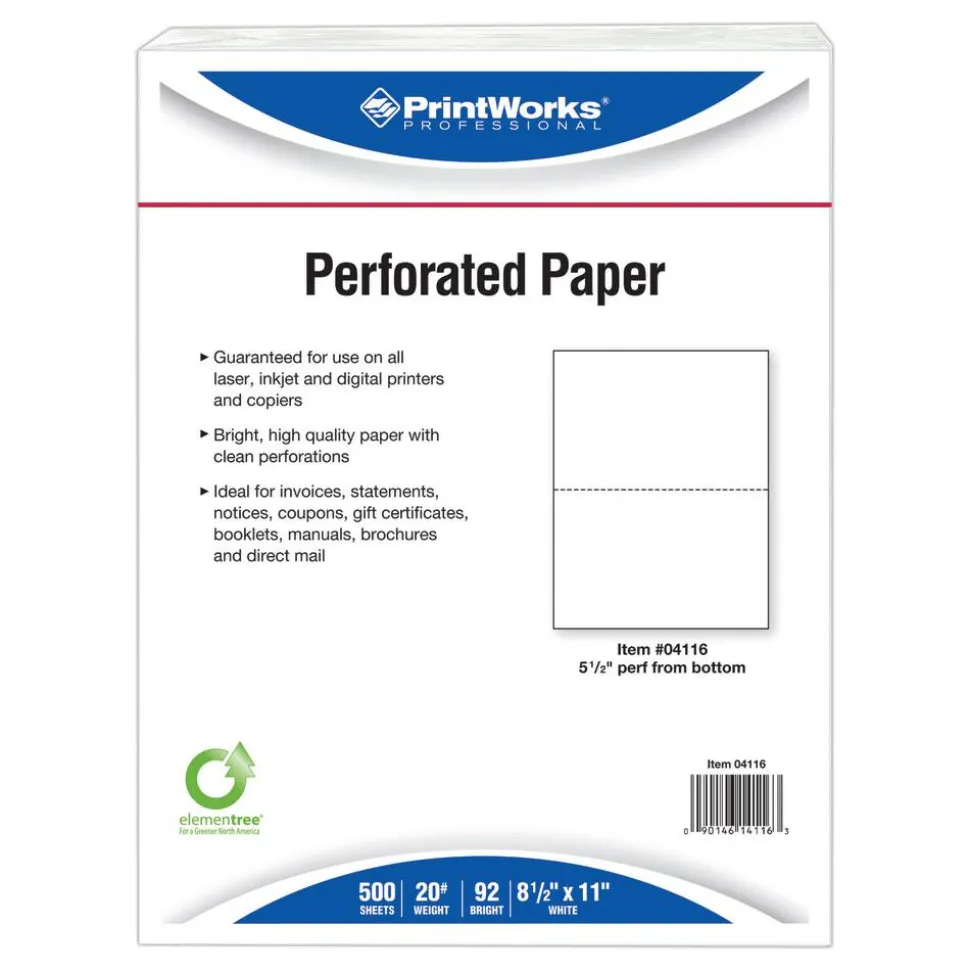 PrintWorks Professional Pre-Perforated Paper, 1 Ream, White, Letter (8 1/2" x 11"), 20 Lb, 5-1/2, Ream Of 500 Sheets