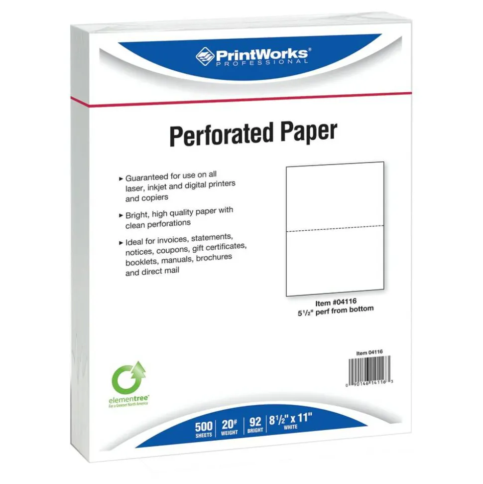 PrintWorks Professional Pre-Perforated Paper, 1 Ream, White, Letter (8 1/2" x 11"), 20 Lb, 5-1/2, Ream Of 500 Sheets