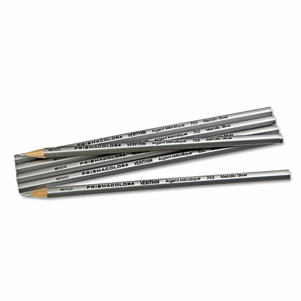Prismacolor Verithin Colored Pencils, Silver Lead, Silver Barrel, 12-Pk