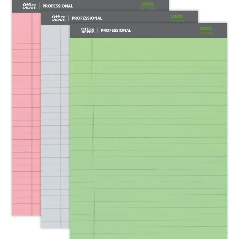 Professional Writing Pads, 8-1/2" x 11-3/4", Legal/Wide Ruled, 50 Sheets, Assorted Colors, Pack Of 3