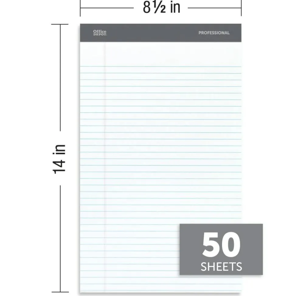 Professional Writing Pads, 8-1/2" x 14", Legal/Wide Ruled, 50 Sheets, White, Pack Of 4