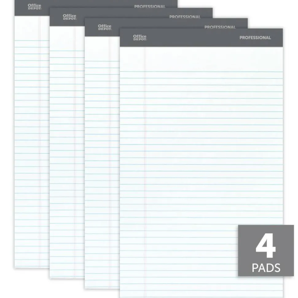 Professional Writing Pads, 8-1/2" x 14", Legal/Wide Ruled, 50 Sheets, White, Pack Of 4