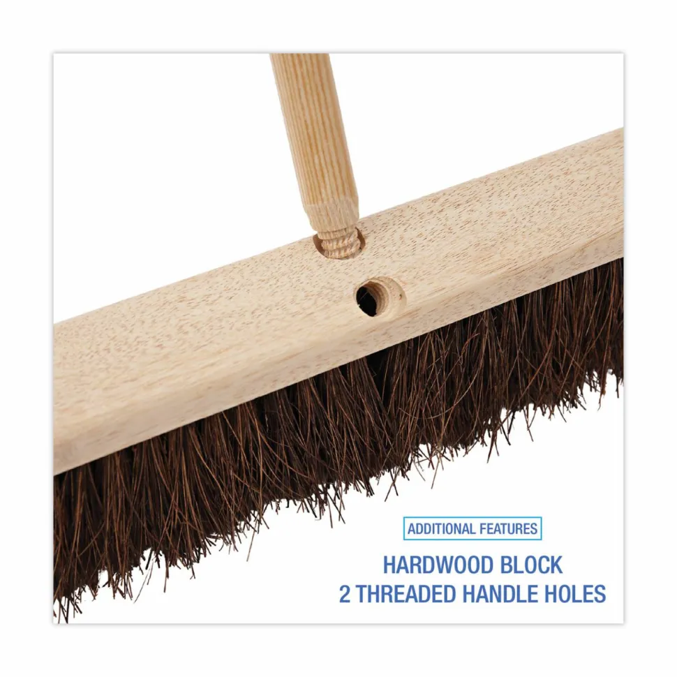 Pro Line Brush Hardwood Block Floor Broom Head, 2 1/2" Natural Palmyra Fiber Bristles, 18", Black