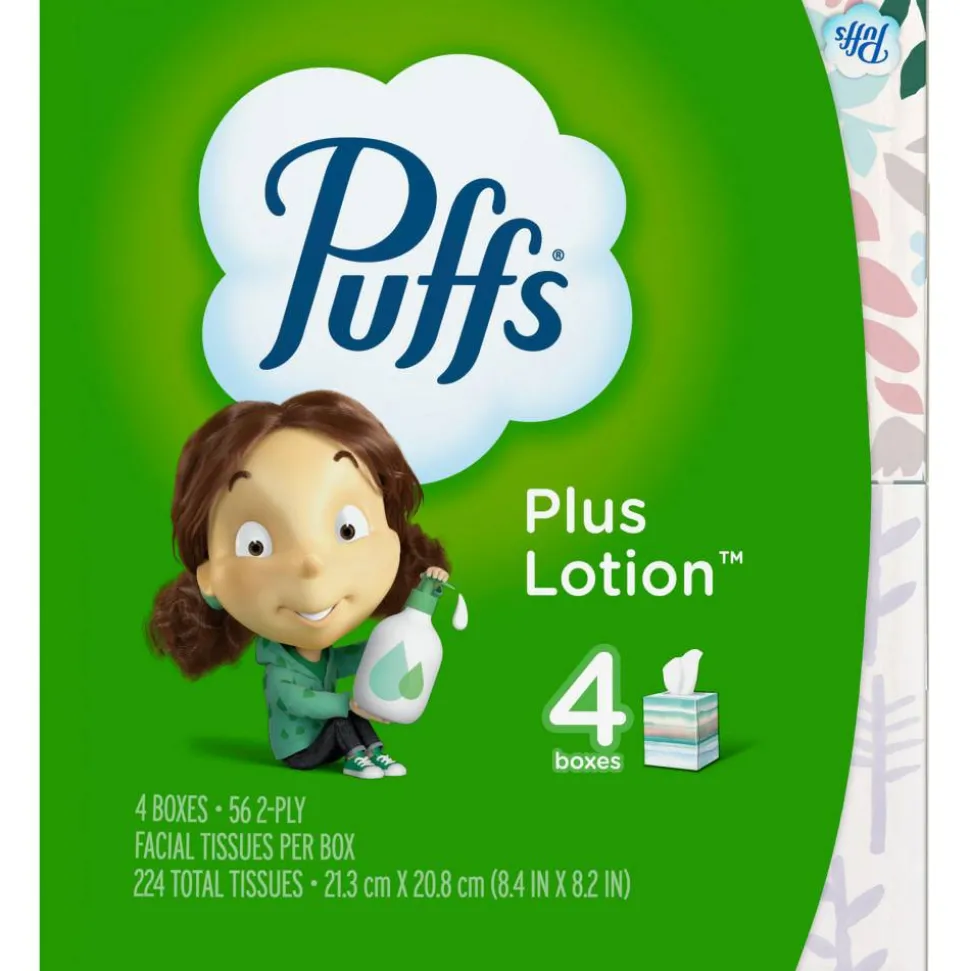 Puffs Plus Lotion 2-Ply Facial Tissues, White, 56 Sheets Per Box, Pack of 4 Boxes