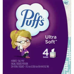 Puffs Ultra-Soft 2-Ply Facial Tissues, White, 56 Tissues Per Cube, Pack Of 4 Cubes