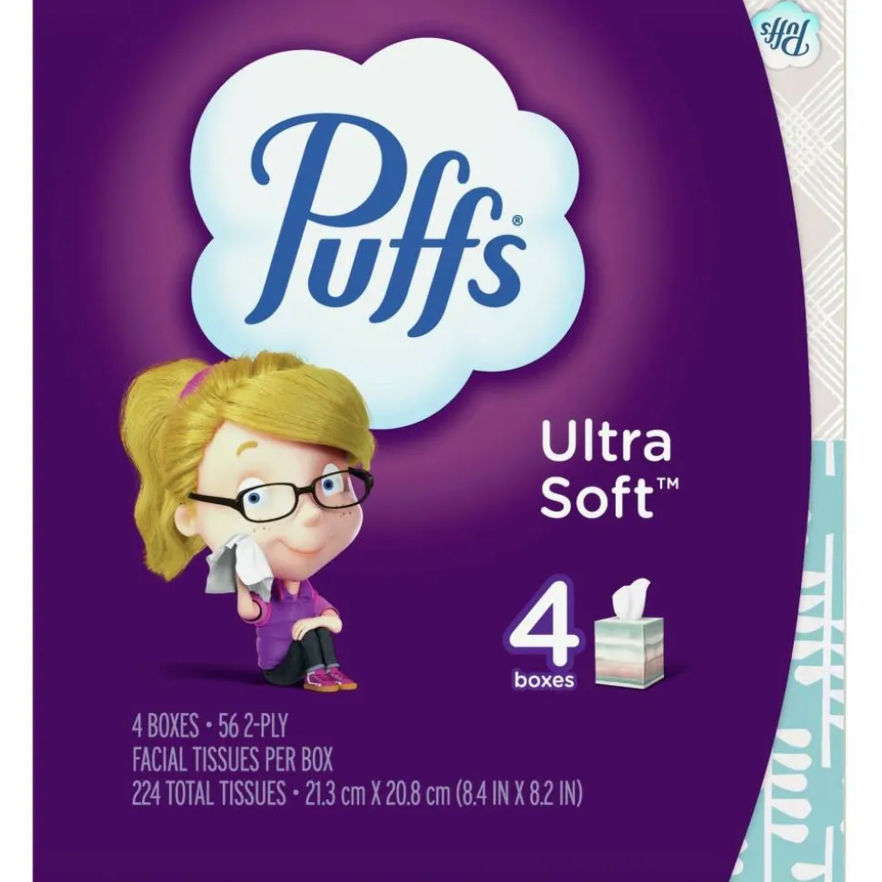 Puffs Ultra-Soft 2-Ply Facial Tissues, White, 56 Tissues Per Cube, Pack Of 4 Cubes