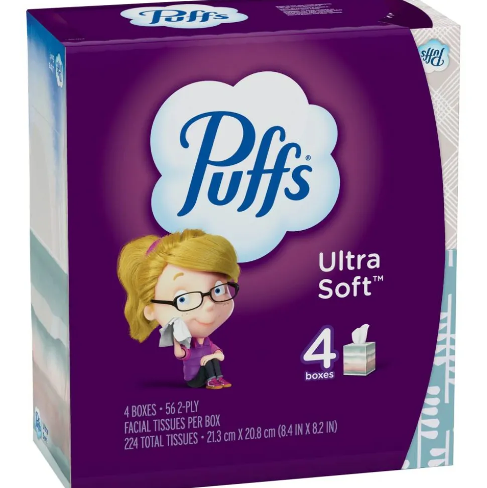 Puffs Ultra-Soft 2-Ply Facial Tissues, White, 56 Tissues Per Cube, Pack Of 4 Cubes