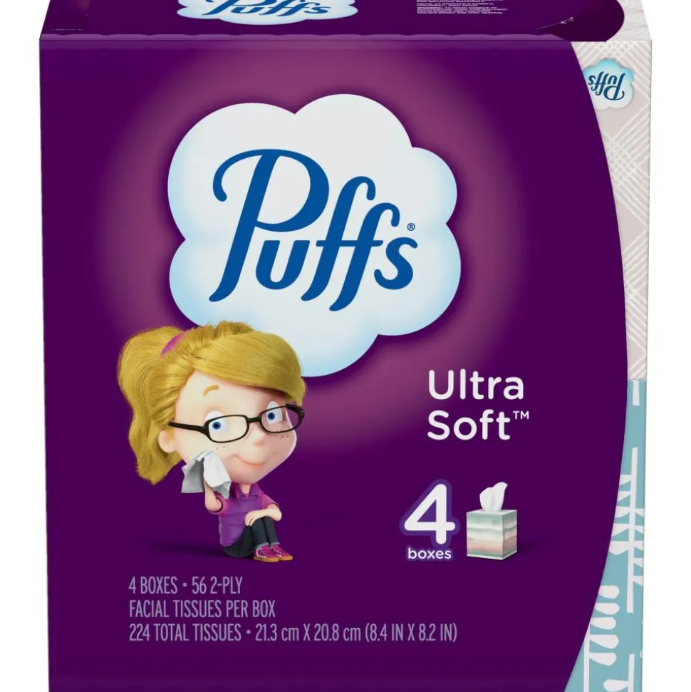 Puffs Ultra-Soft 2-Ply Facial Tissues, White, 56 Tissues Per Cube, Pack Of 4 Cubes