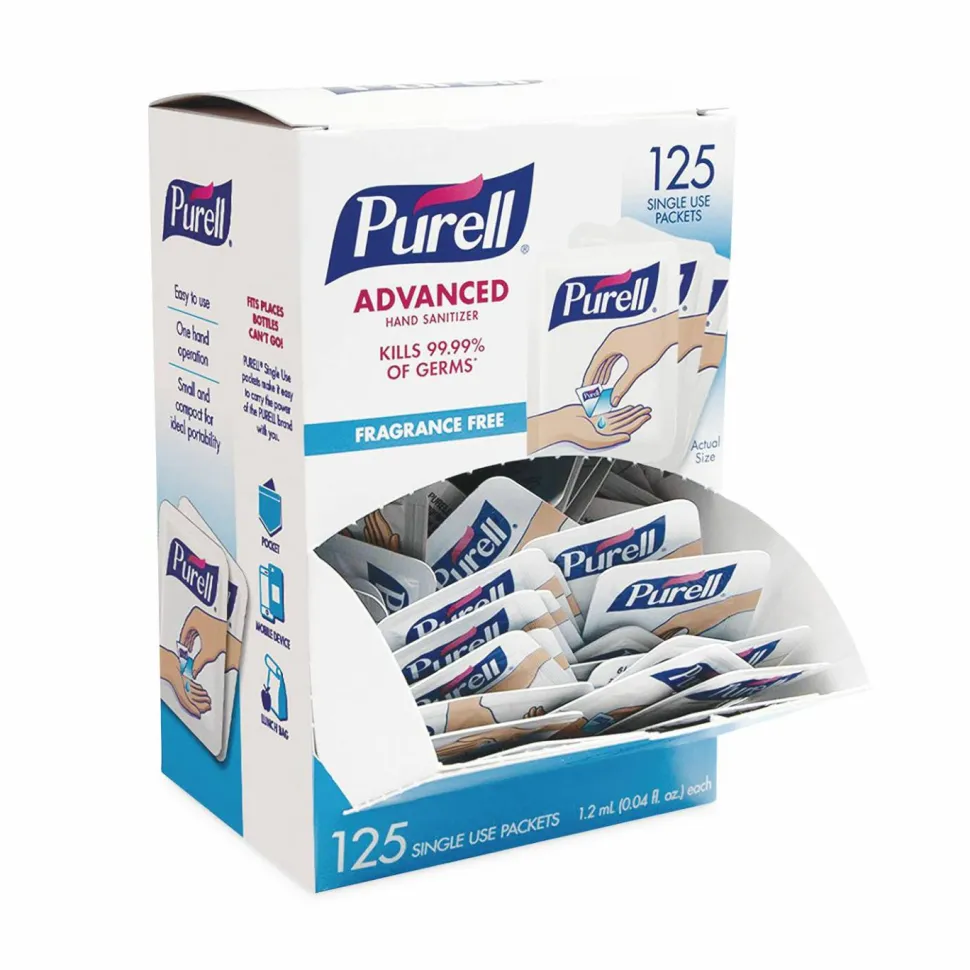 PURELL Advanced Hand Sanitizer Single Use, Gel, 1.2 mL, Packet, Fragrance-Free, 125/Box