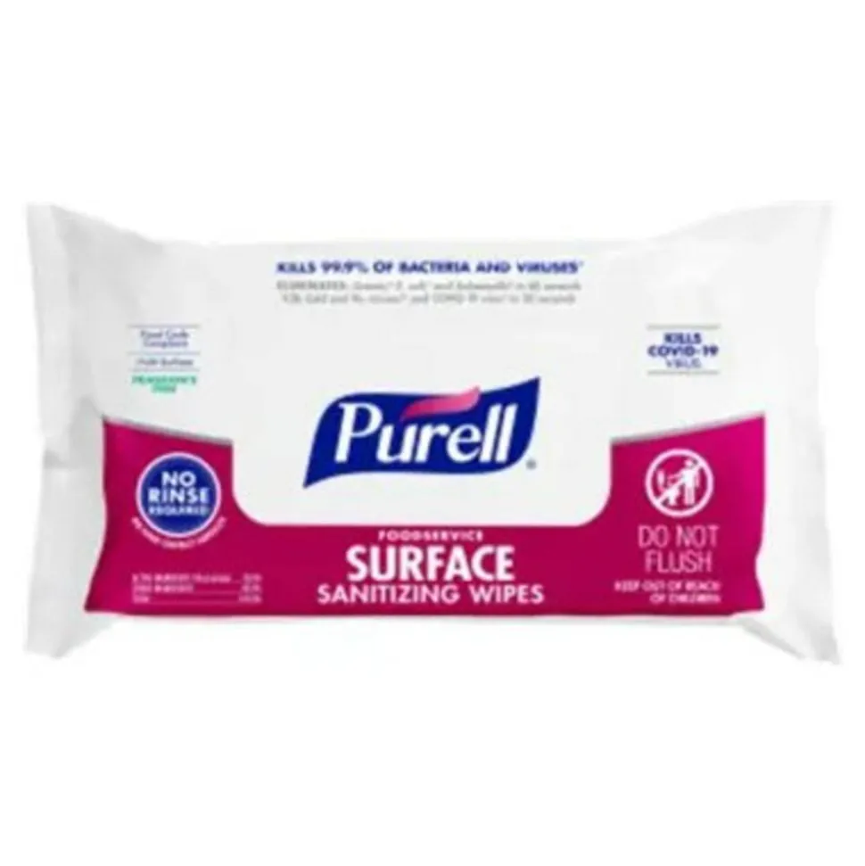 Purell Foodservice Surface Sanitizing Wipes, Fragrance Free, 7-7/16” x 9”, White, 72 Wipes Per Flowpack, Case Of 12 Packs