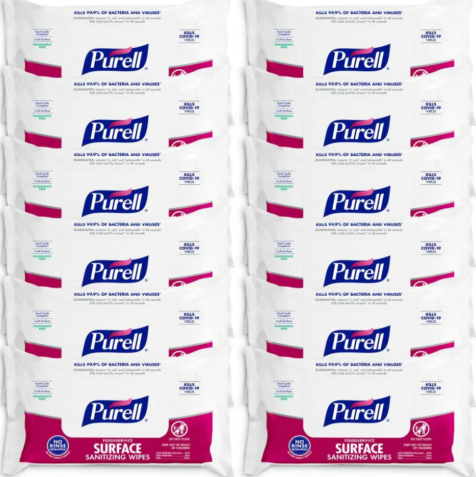 Purell Foodservice Surface Sanitizing Wipes, Fragrance Free, 7-7/16” x 9”, White, 72 Wipes Per Flowpack, Case Of 12 Packs