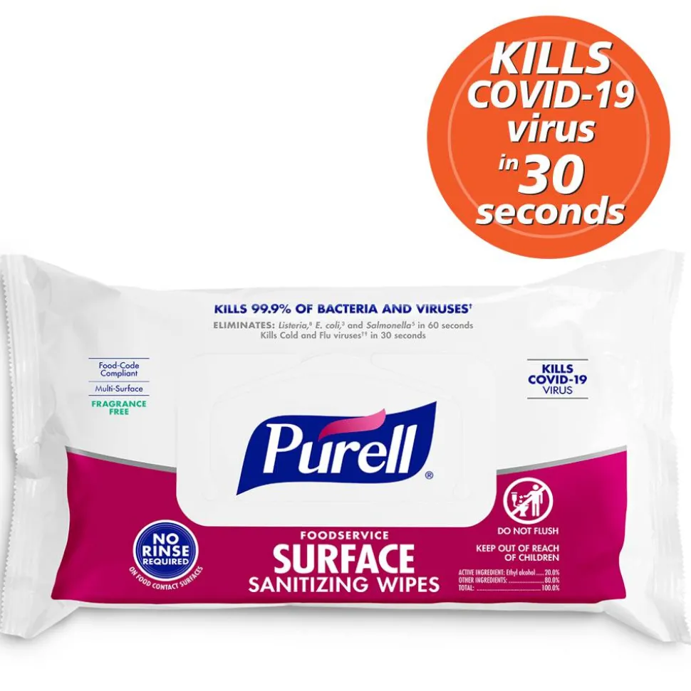 Purell Foodservice Surface Sanitizing Wipes, Fragrance Free, 7-7/16” x 9”, White, 72 Wipes Per Flowpack, Case Of 12 Packs
