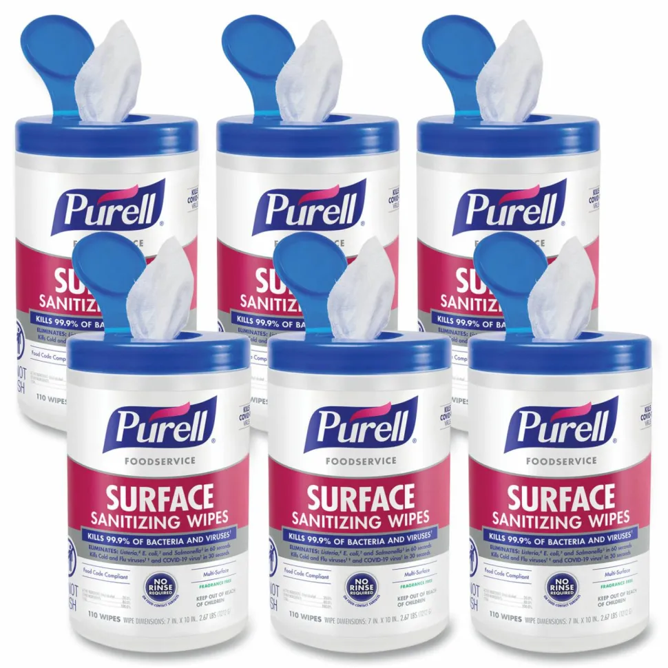 PURELL Foodservice Surface Sanitizing Wipes, 1-Ply, 10 x 7, Fragrance-Free, White, 110/Canister, 6 Canisters/Carton