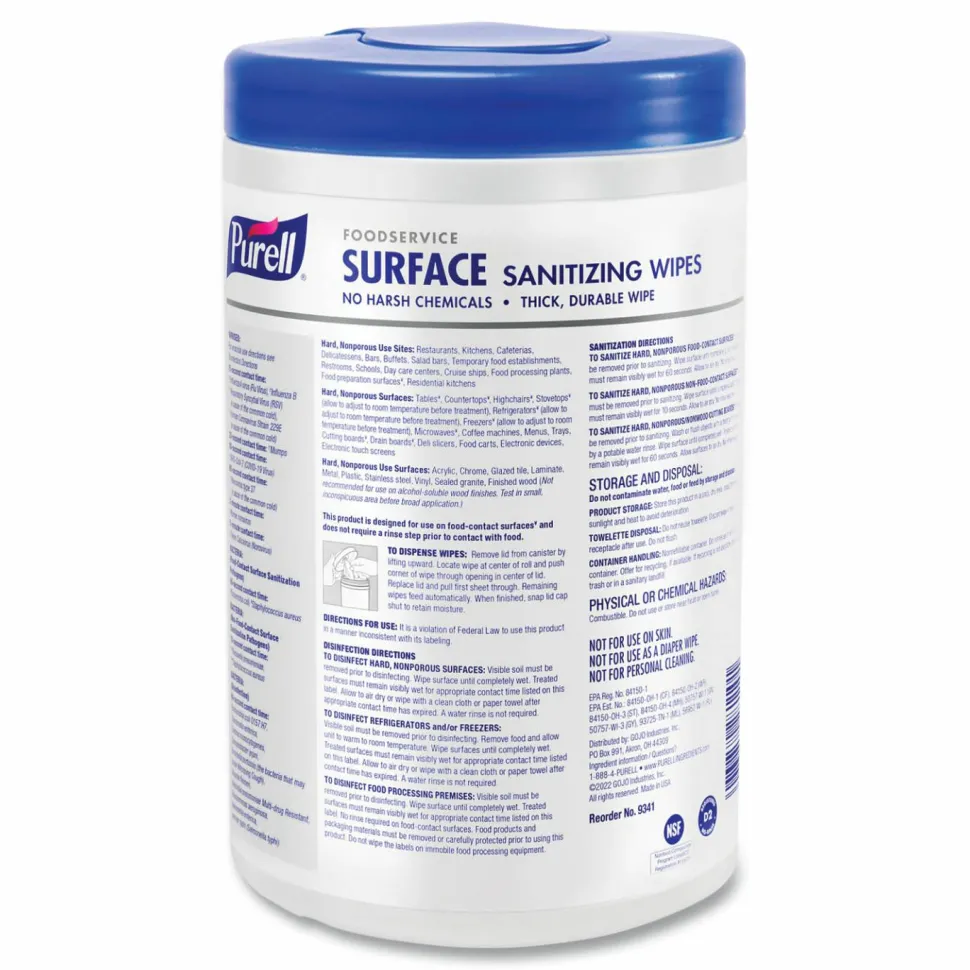 PURELL Foodservice Surface Sanitizing Wipes, 1-Ply, 10 x 7, Fragrance-Free, White, 110/Canister, 6 Canisters/Carton