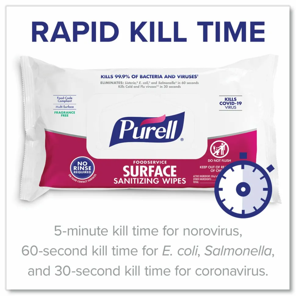 PURELL Foodservice Surface Sanitizing Wipes, 1-Ply, 7.4 x 9, Fragrance-Free, White, 72/Pouch, 12 Pouches/Carton