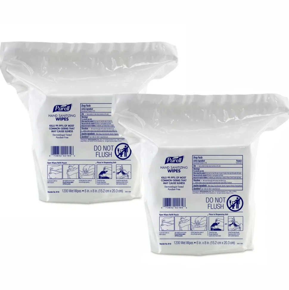Purell Hand Sanitizing Wipes, Unscented, 1200 Wipes Per Pack, Carton Of 2 Packs