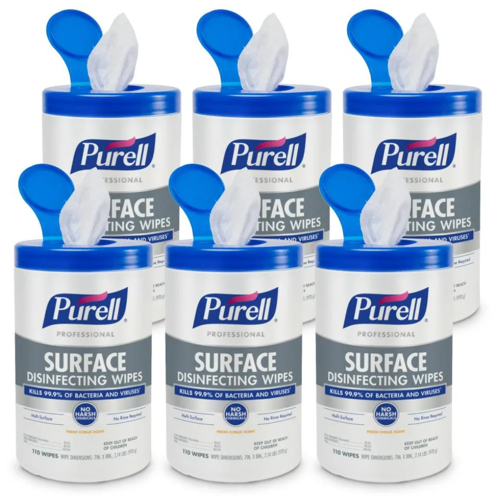 PURELL Professional Surface Disinfecting Wipes, Citrus Scent, 110 Count Canister, 7"x 8" Wipes, Pack of 6 Canisters