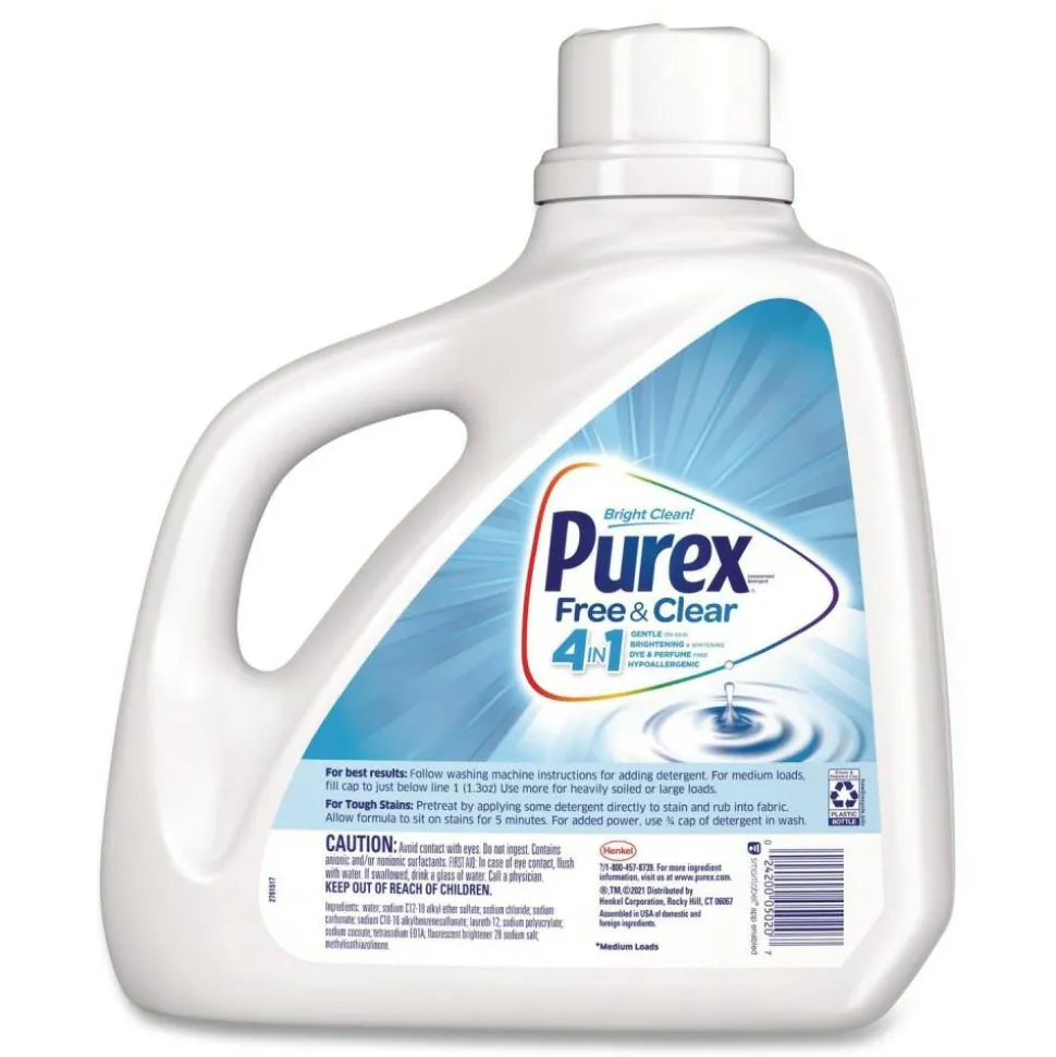 Purex Free and Clear Liquid HE Laundry Detergent, Unscented, 150 oz Bottle, 4/Carton