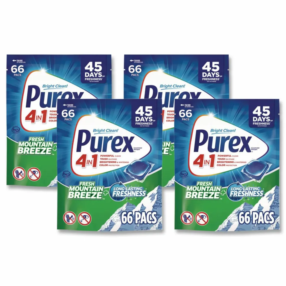 Purex 4-in-1 HE Laundry Detergent Pacs, Fresh Mountain Breeze Scent, 66 Pods/Bag, 4 Bags/Carton