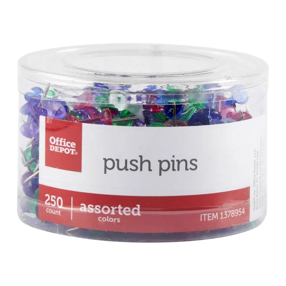 Push Pins, 9/10", Assorted Colors, Pack Of 250