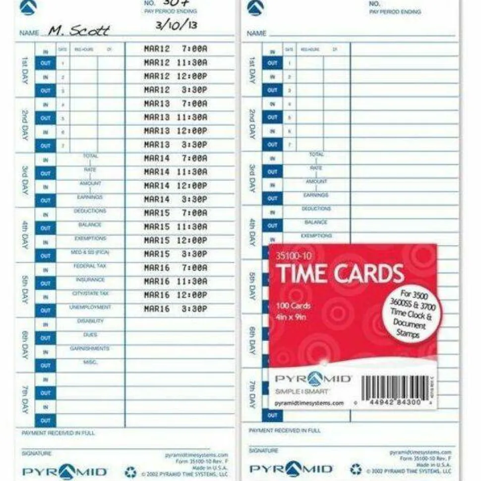 Pyramid Time Systems, 35100-10, Genuine and Authentic pack of 100 Time Cards, Use with Pyramid Side Loading Time Clocks, Models 3500, 3600SS and 3700