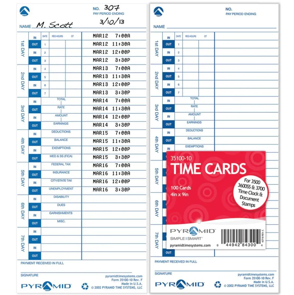 Pyramid Time Systems, 35100-10, Genuine and Authentic pack of 100 Time Cards, Use with Pyramid Side Loading Time Clocks, Models 3500, 3600SS and 3700