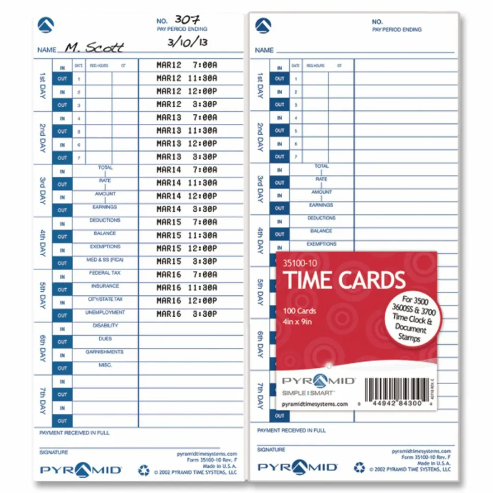 Pyramid Time Systems, 35100-10, Genuine and Authentic pack of 100 Time Cards, Use with Pyramid Side Loading Time Clocks, Models 3500, 3600SS and 3700