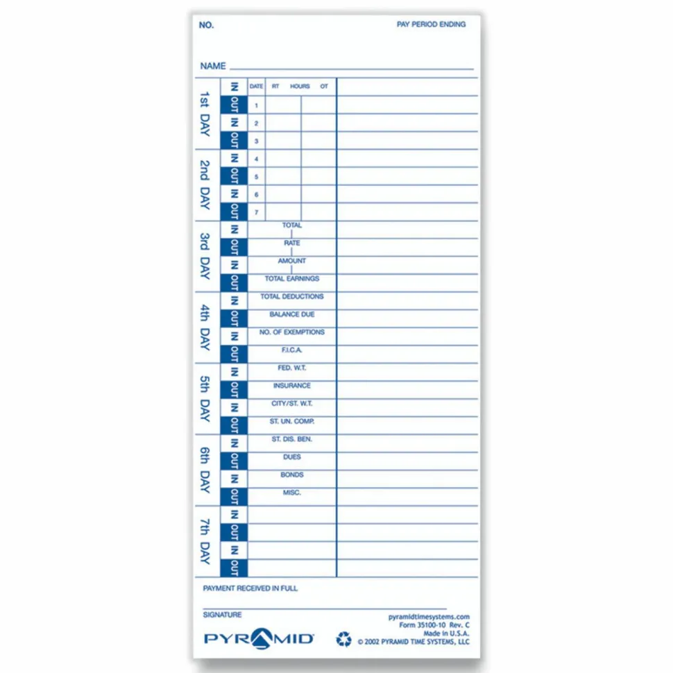 Pyramid Time Systems, 35100-10, Genuine and Authentic pack of 100 Time Cards, Use with Pyramid Side Loading Time Clocks, Models 3500, 3600SS and 3700
