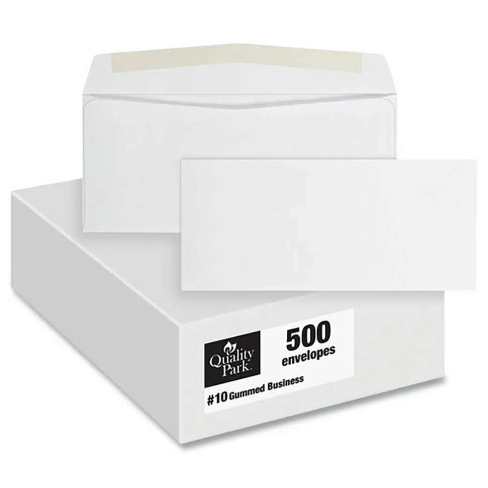 Quality Park #10 Business Envelopes, Gummed Seal, White, Box Of 500