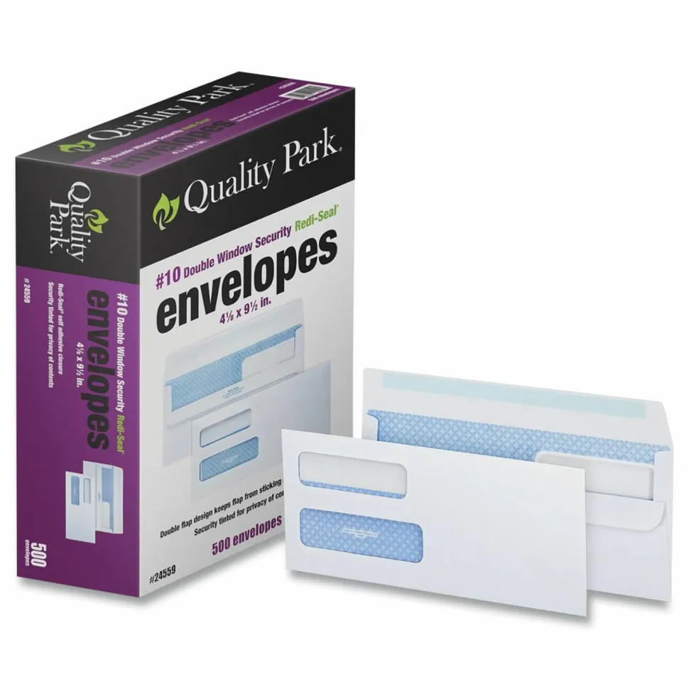 Quality Park #10 Redi-Seal Envelopes, Double-Window, Security, Self-Sealing, White, Box Of 500