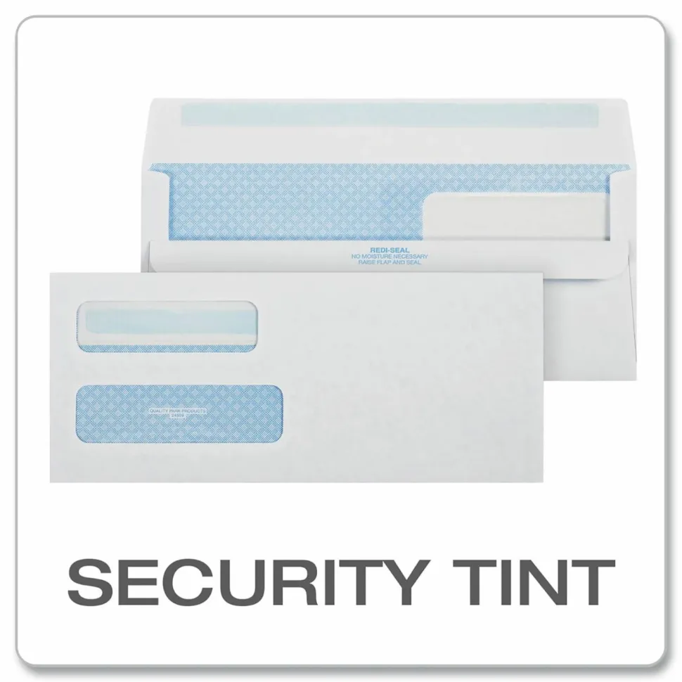 Quality Park #10 Redi-Seal Envelopes, Double-Window, Security, Self-Sealing, White, Box Of 500