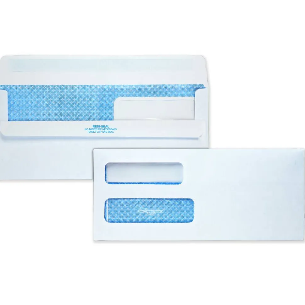 Quality Park #10 Redi-Seal Envelopes, Double-Window, Security, Self-Sealing, White, Box Of 500