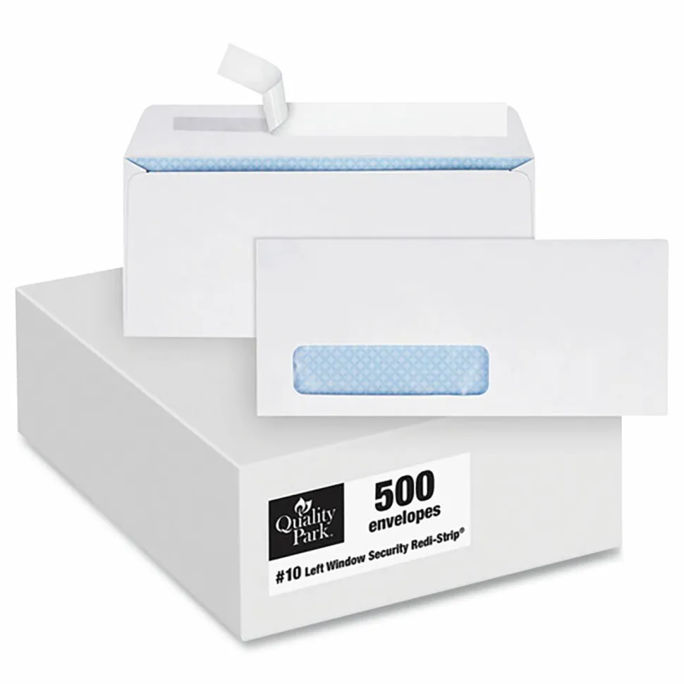 Quality Park #10 Redi-Strip Business Envelopes, Bottom Left Window, Self Adhesive, Window, White, Box Of 500