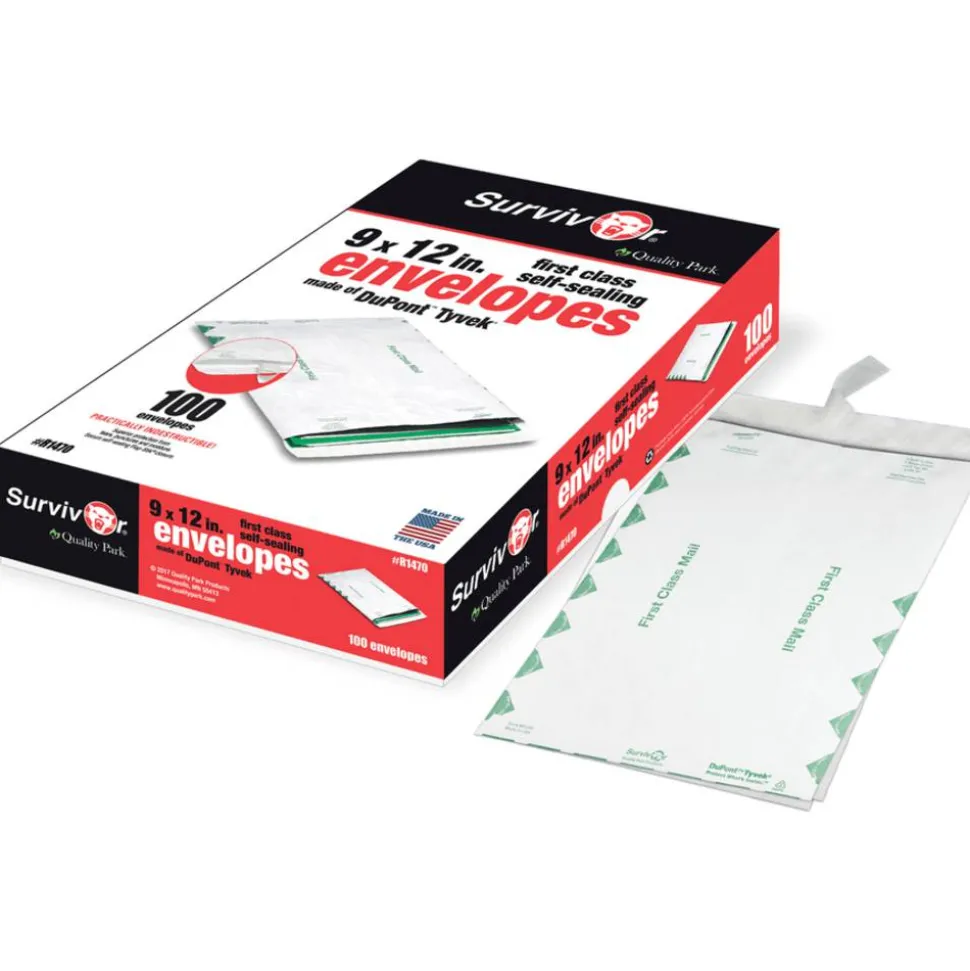 Quality Park Tyvek 9" x 12" Envelopes, Self-Adhesive, First Class, White, Box Of 100
