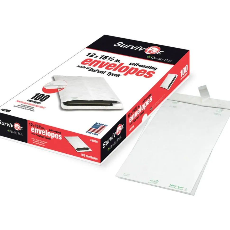 Quality Park Tyvek 12" x 15 1/2" Envelopes, Self-Adhesive, White, Box Of 100