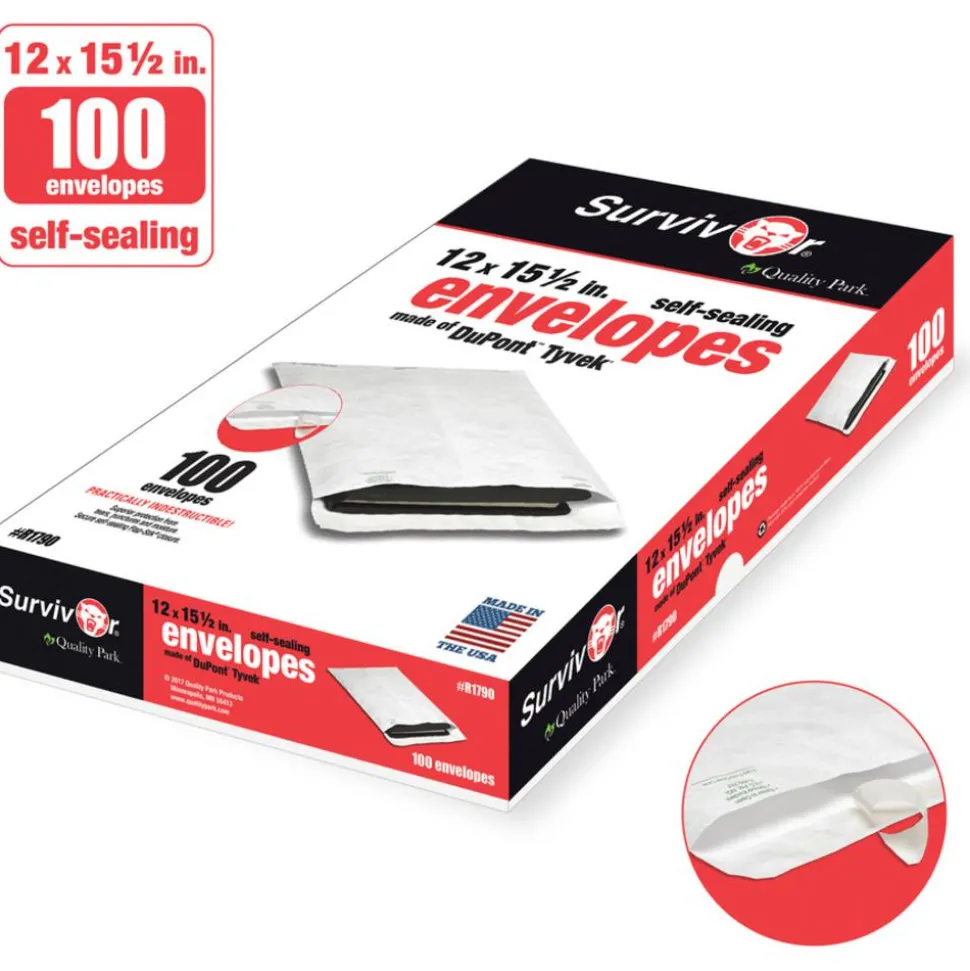 Quality Park Tyvek 12" x 15 1/2" Envelopes, Self-Adhesive, White, Box Of 100