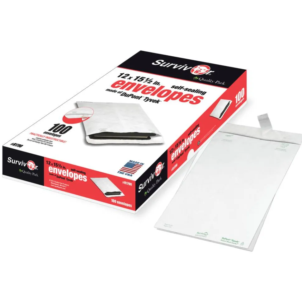 Quality Park Tyvek 12" x 15 1/2" Envelopes, Self-Adhesive, White, Box Of 100