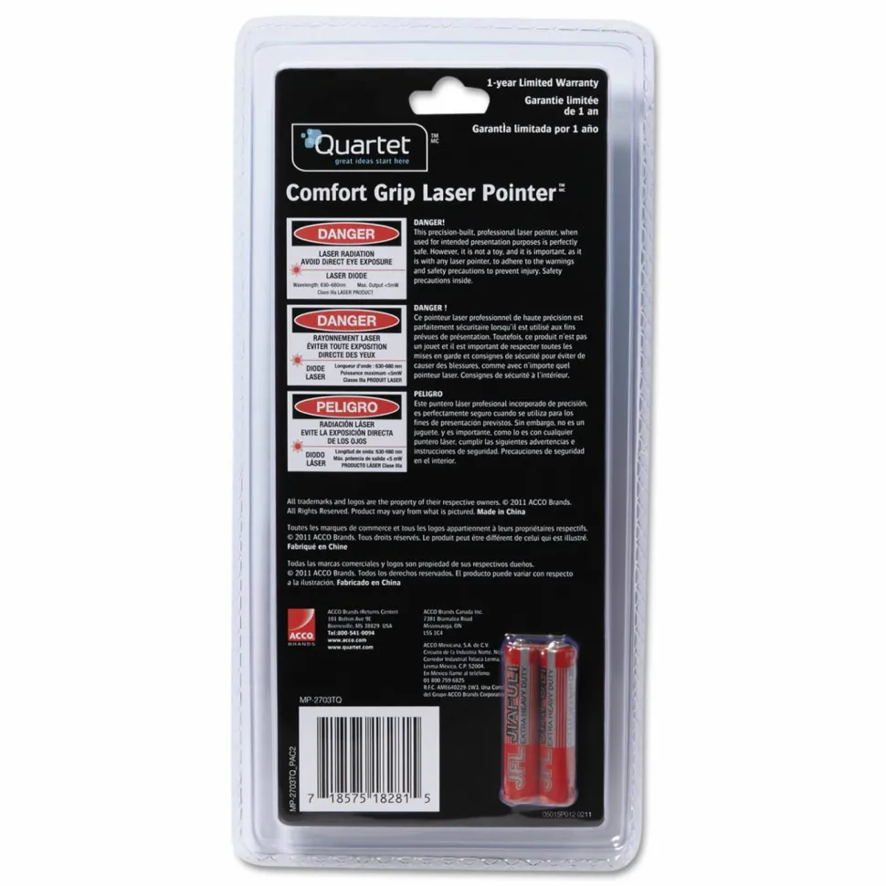 Quartet Classic Comfort Laser Pointer, Class 3a, Large Venue, Green - Red Light - 919 ft Maximum Projection
