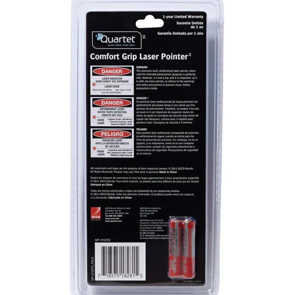 Quartet Classic Comfort Laser Pointer, Class 3a, Large Venue, Green - Red Light - 919 ft Maximum Projection