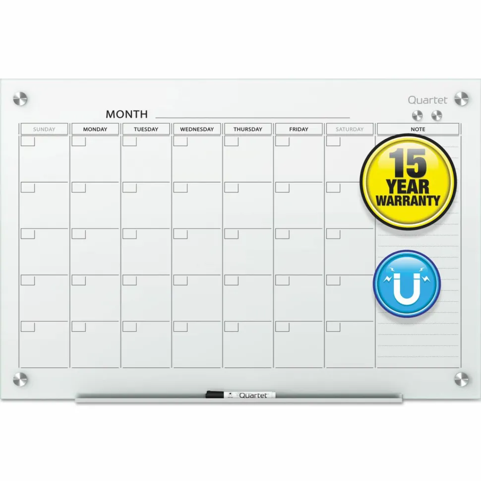 Quartet Infinity Magnetic Glass Calendar Board, Monthly Planning/Scheduling, 48" x 36", White Surface, Undated Calendar