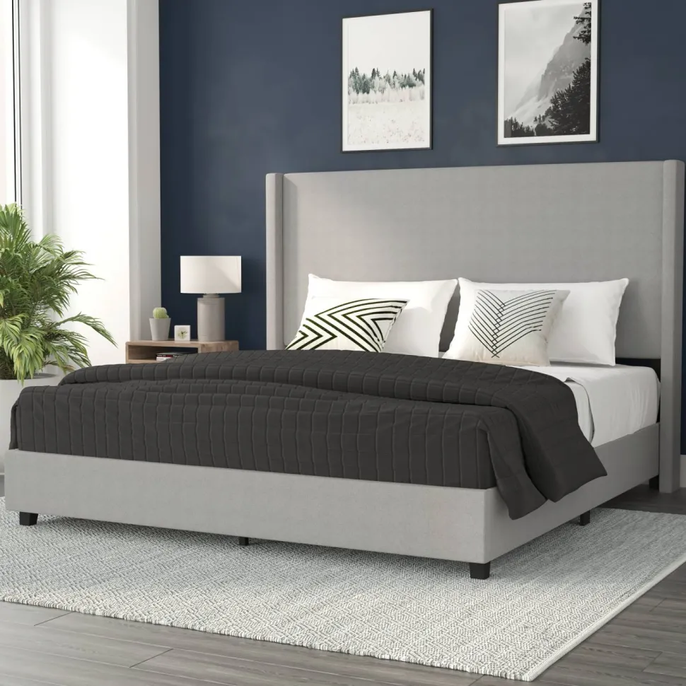 Quinn King Upholstered Platform Bed with Channel Stitched Wingback Headboard, Mattress Foundation with Slatted Supports, No Box Spring Needed, Gray