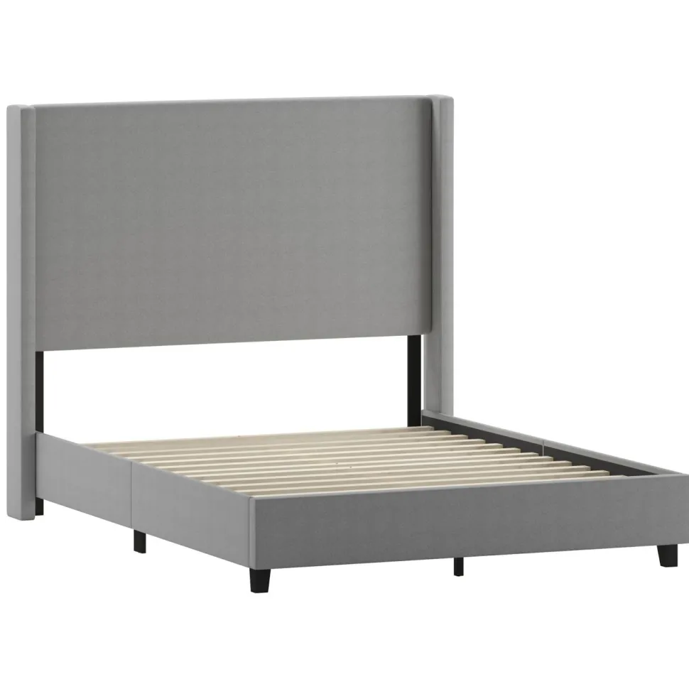 Quinn Queen Upholstered Platform Bed with Channel Stitched Wingback Headboard, Mattress Foundation with Slatted Supports, No Box Spring Needed, Gray