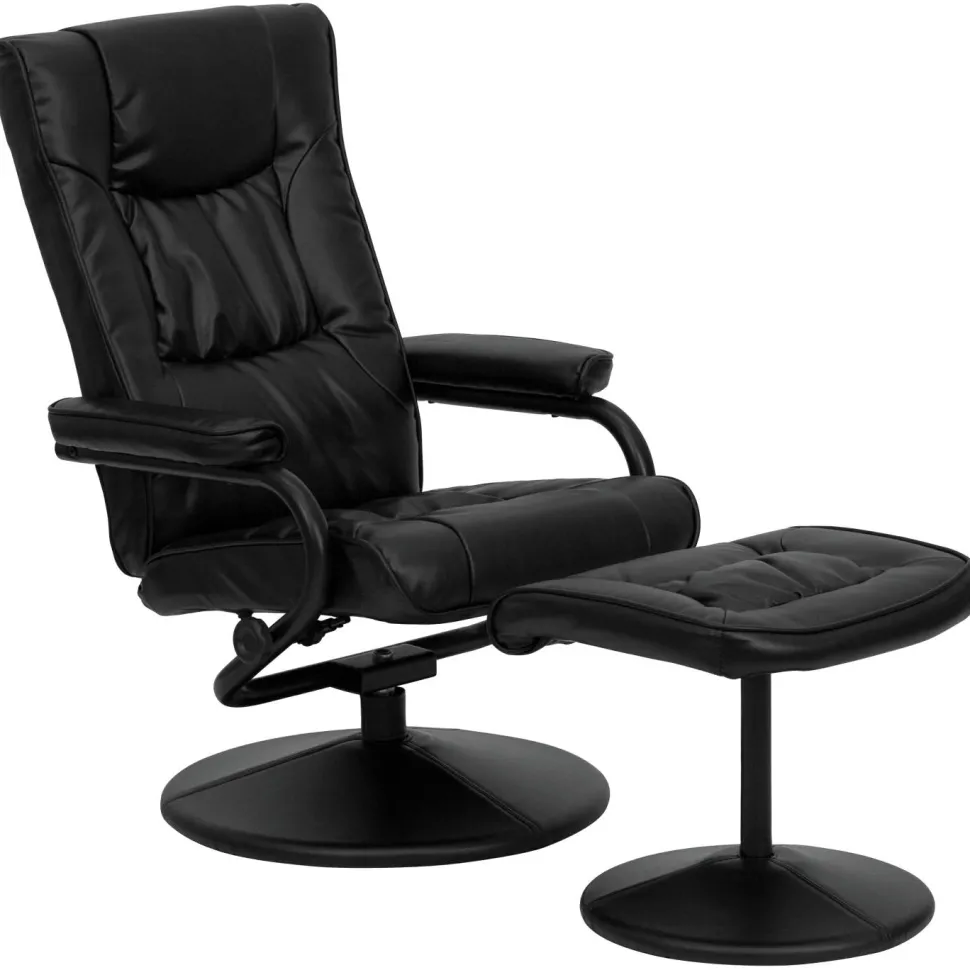 Rachel Contemporary Multi-Position Recliner and Ottoman with Wrapped Base in Black LeatherSoft