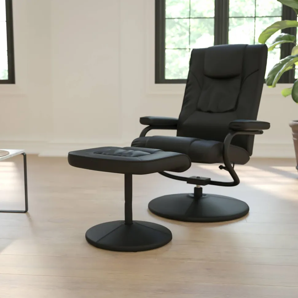 Rachel Contemporary Multi-Position Recliner and Ottoman with Wrapped Base in Black LeatherSoft