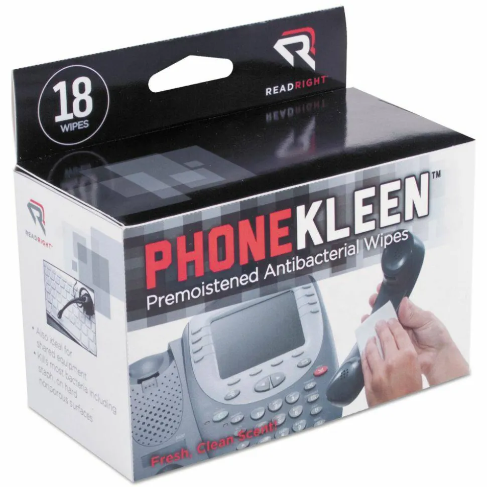 Read Right PhoneKleen Premoistened Antibacterial Wipes, Cloth, 5 x 5, 18/Box