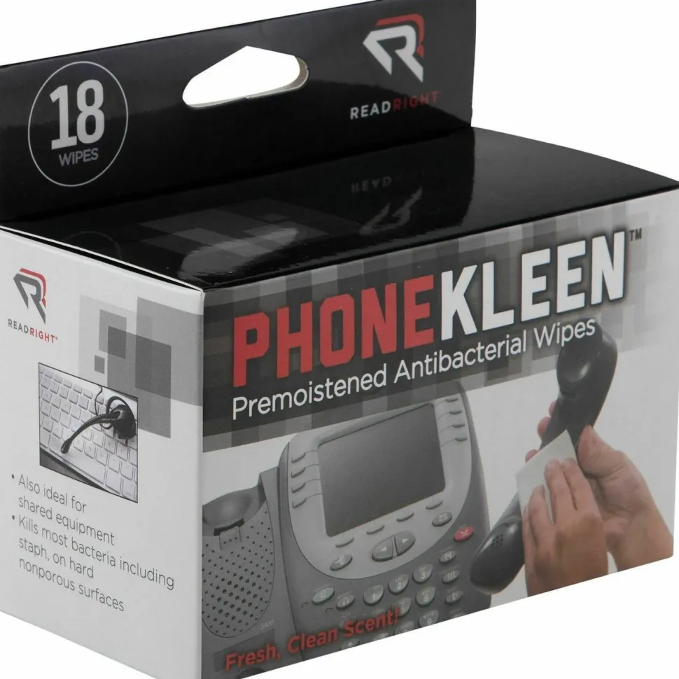 Read Right PhoneKleen Premoistened Antibacterial Wipes, Cloth, 5 x 5, 18/Box